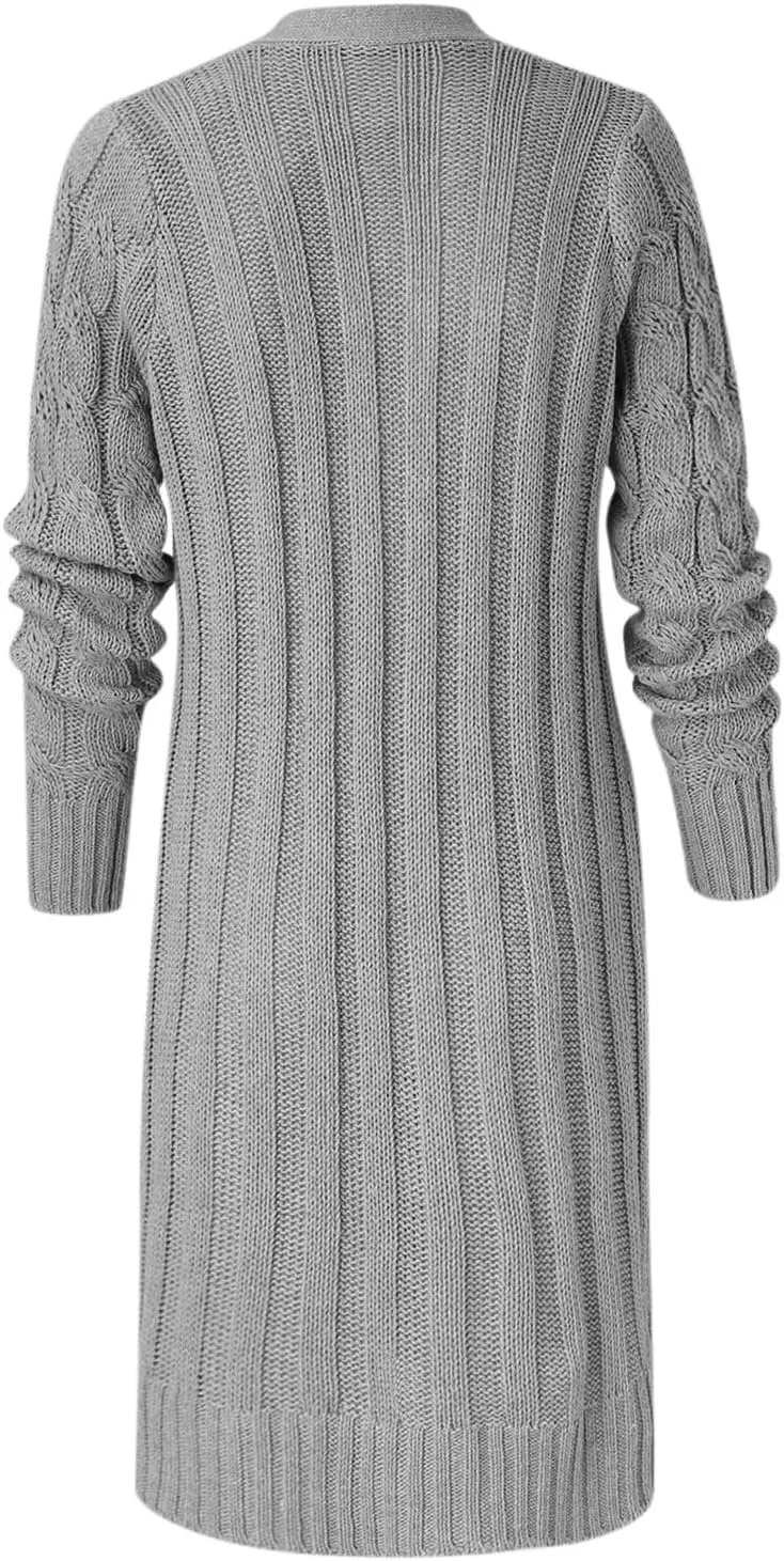 Long Sleeve Cable Knit Long Cardigan for Women 2024 Fall Winter Open Front Button Chunky Sweaters with Pockets