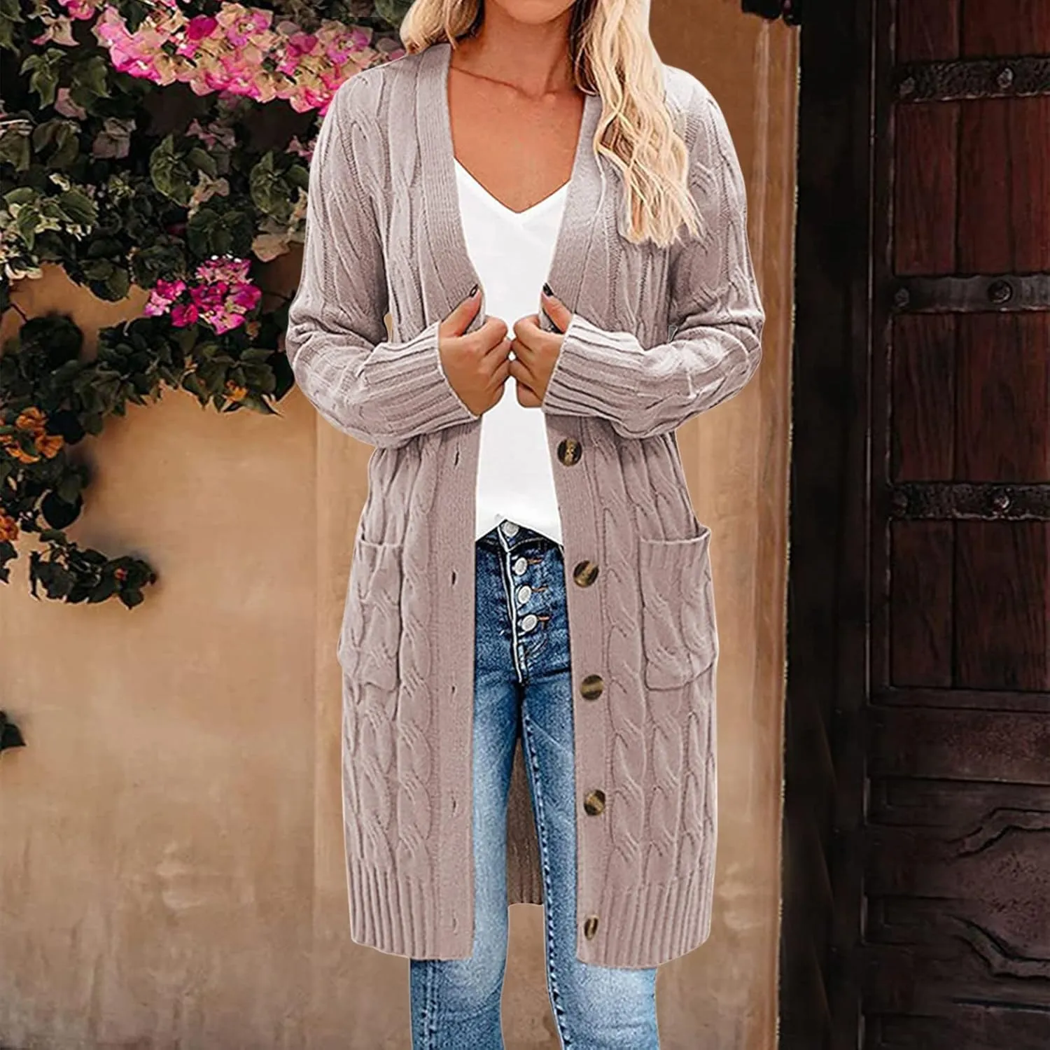 Long Sleeve Cable Knit Long Cardigan for Women 2024 Fall Winter Open Front Button Chunky Sweaters with Pockets