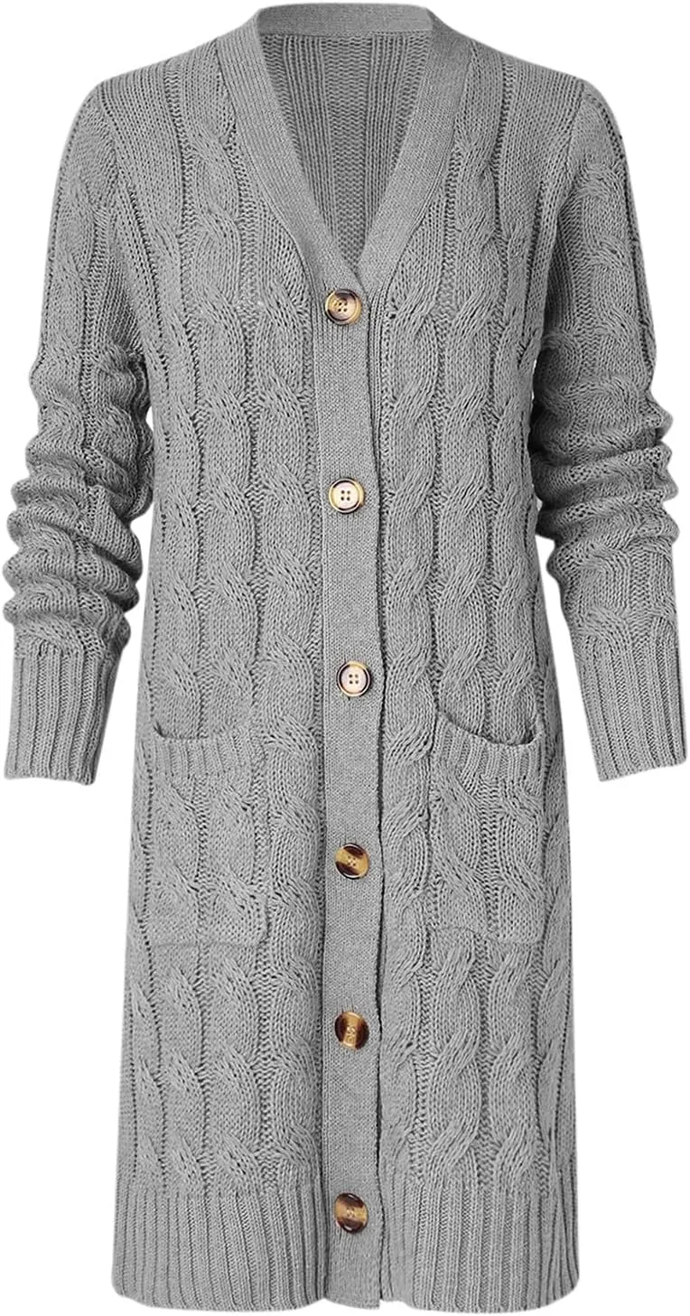 Long Sleeve Cable Knit Long Cardigan for Women 2024 Fall Winter Open Front Button Chunky Sweaters with Pockets