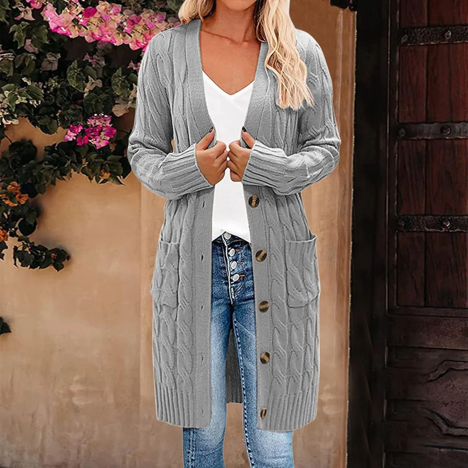 Long Sleeve Cable Knit Long Cardigan for Women 2024 Fall Winter Open Front Button Chunky Sweaters with Pockets