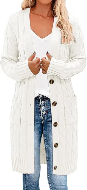 Long Sleeve Cable Knit Long Cardigan for Women 2024 Fall Winter Open Front Button Chunky Sweaters with Pockets
