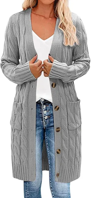 Long Sleeve Cable Knit Long Cardigan for Women 2024 Fall Winter Open Front Button Chunky Sweaters with Pockets