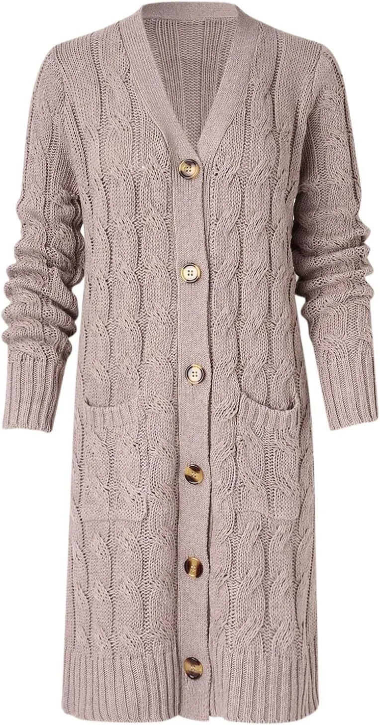 Long Sleeve Cable Knit Long Cardigan for Women 2024 Fall Winter Open Front Button Chunky Sweaters with Pockets