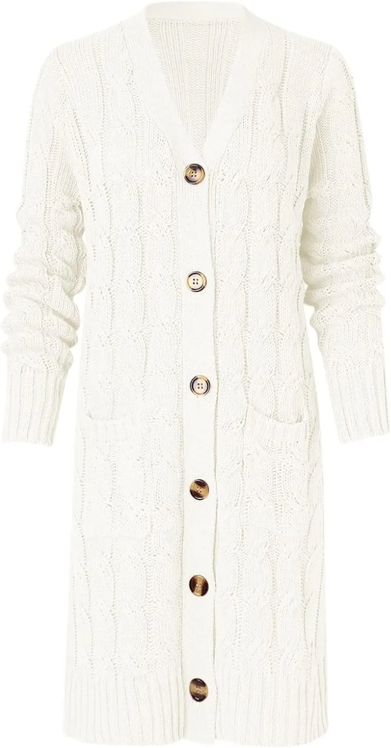 Long Sleeve Cable Knit Long Cardigan for Women 2024 Fall Winter Open Front Button Chunky Sweaters with Pockets