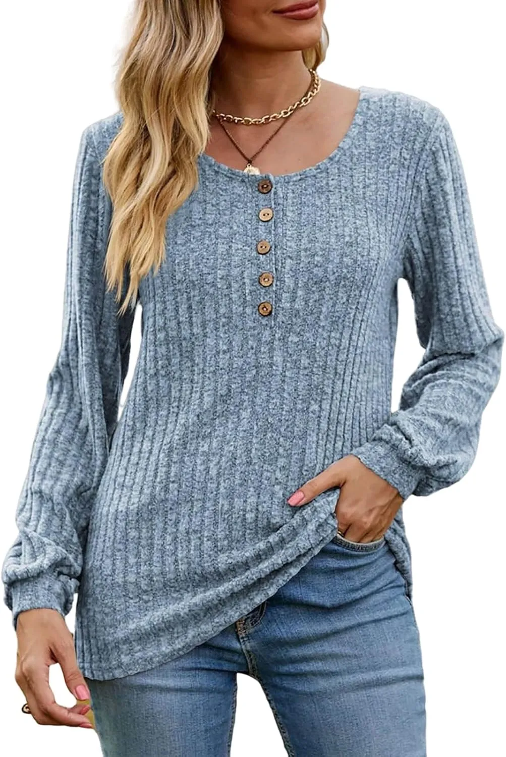 Long Sleeve Henley Knitted Tops for Women 2023 Fall Trendy Sweaters Casual Lightweight Solid Crewneck Tunic Jumpers