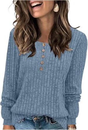 Long Sleeve Henley Knitted Tops for Women 2023 Fall Trendy Sweaters Casual Lightweight Solid Crewneck Tunic Jumpers