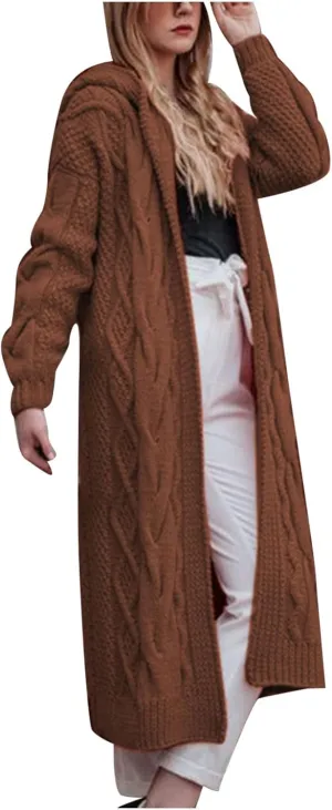 Long Sweaters for Women Cardigan Open Front Long Sleeve Plus Size Chunky Cable Knit Duster Cardigans with Hood