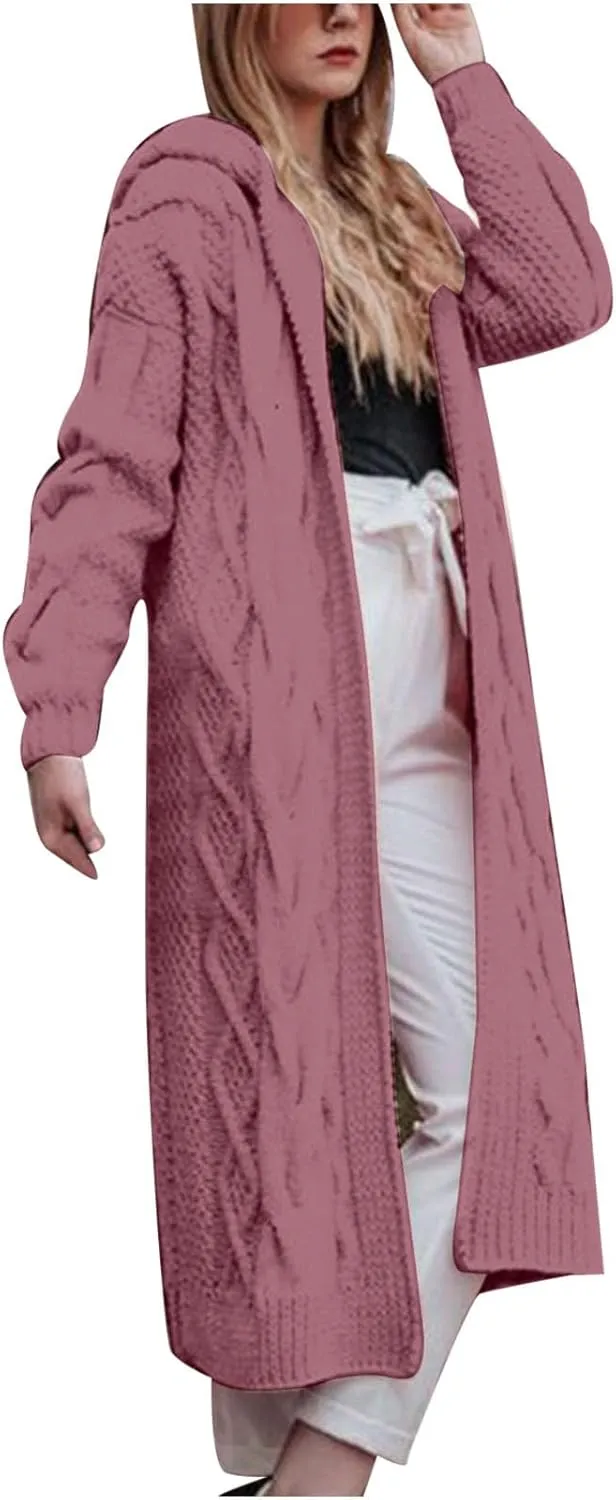 Long Sweaters for Women Cardigan Open Front Long Sleeve Plus Size Chunky Cable Knit Duster Cardigans with Hood