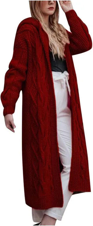 Long Sweaters for Women Cardigan Open Front Long Sleeve Plus Size Chunky Cable Knit Duster Cardigans with Hood