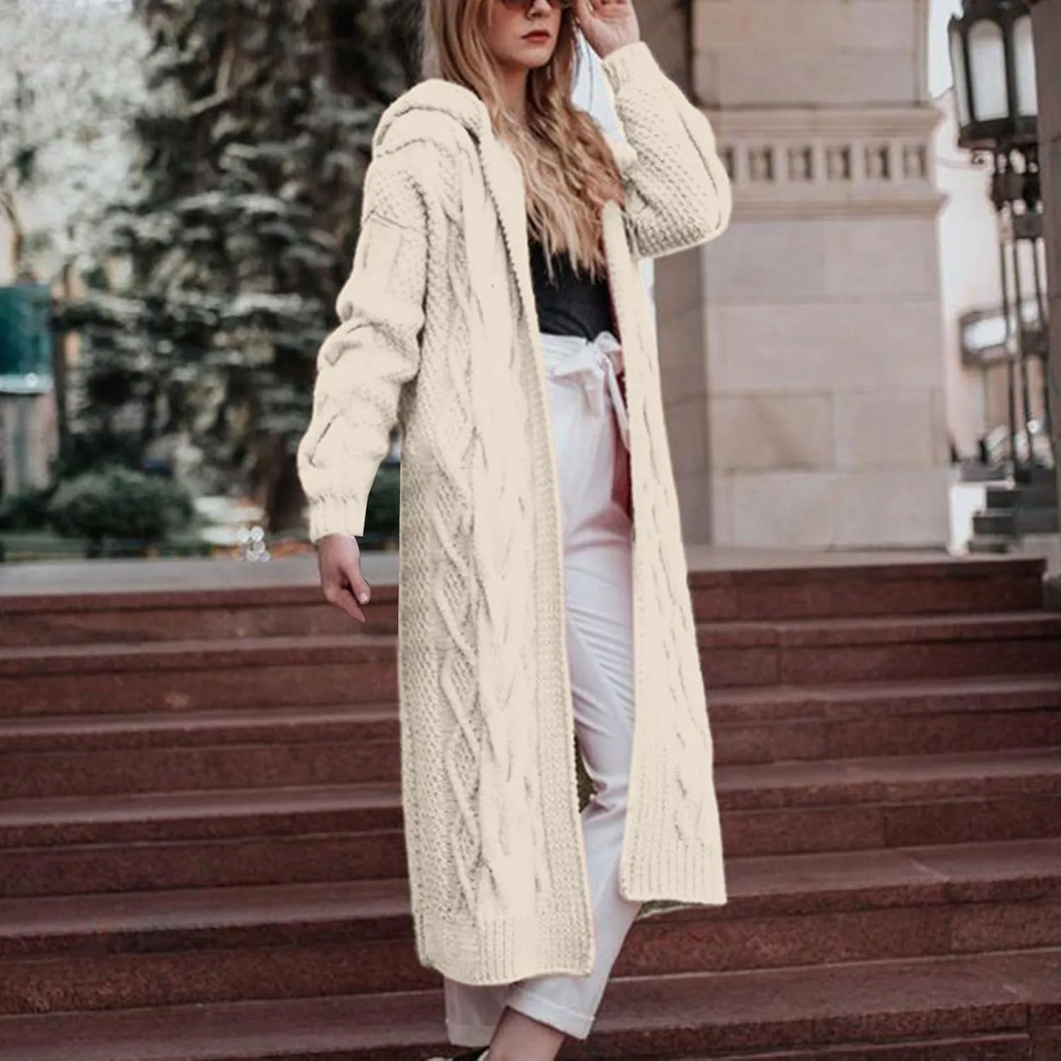 Long Sweaters for Women Cardigan Open Front Long Sleeve Plus Size Chunky Cable Knit Duster Cardigans with Hood
