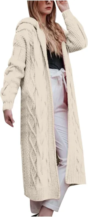 Long Sweaters for Women Cardigan Open Front Long Sleeve Plus Size Chunky Cable Knit Duster Cardigans with Hood