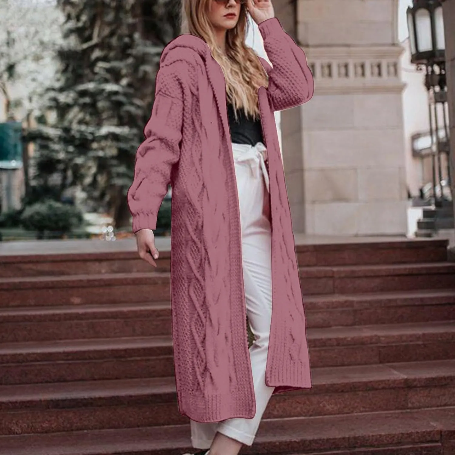 Long Sweaters for Women Cardigan Open Front Long Sleeve Plus Size Chunky Cable Knit Duster Cardigans with Hood