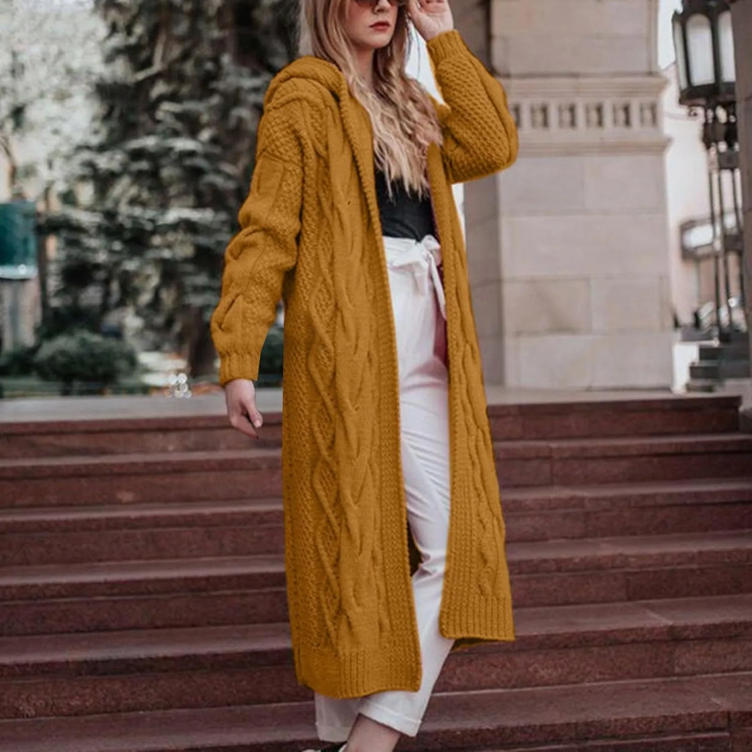 Long Sweaters for Women Cardigan Open Front Long Sleeve Plus Size Chunky Cable Knit Duster Cardigans with Hood