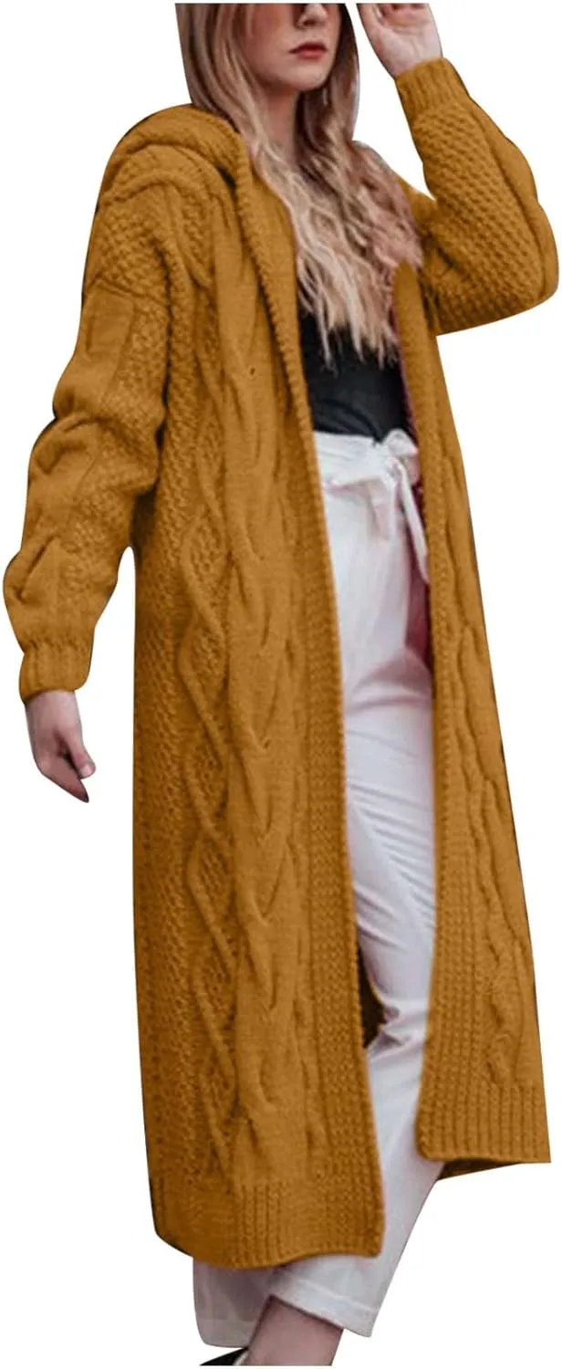 Long Sweaters for Women Cardigan Open Front Long Sleeve Plus Size Chunky Cable Knit Duster Cardigans with Hood