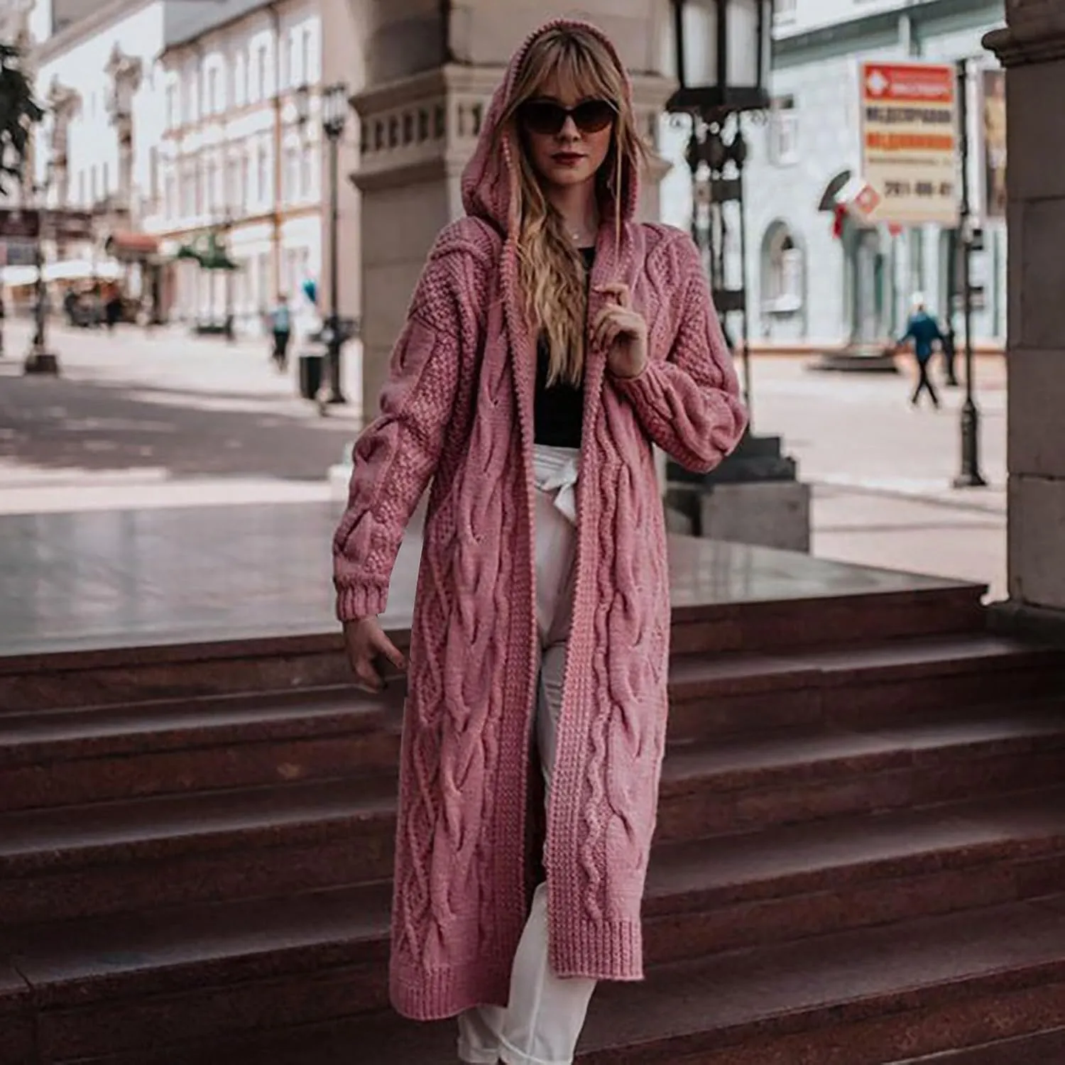 Long Sweaters for Women Cardigan Open Front Long Sleeve Plus Size Chunky Cable Knit Duster Cardigans with Hood