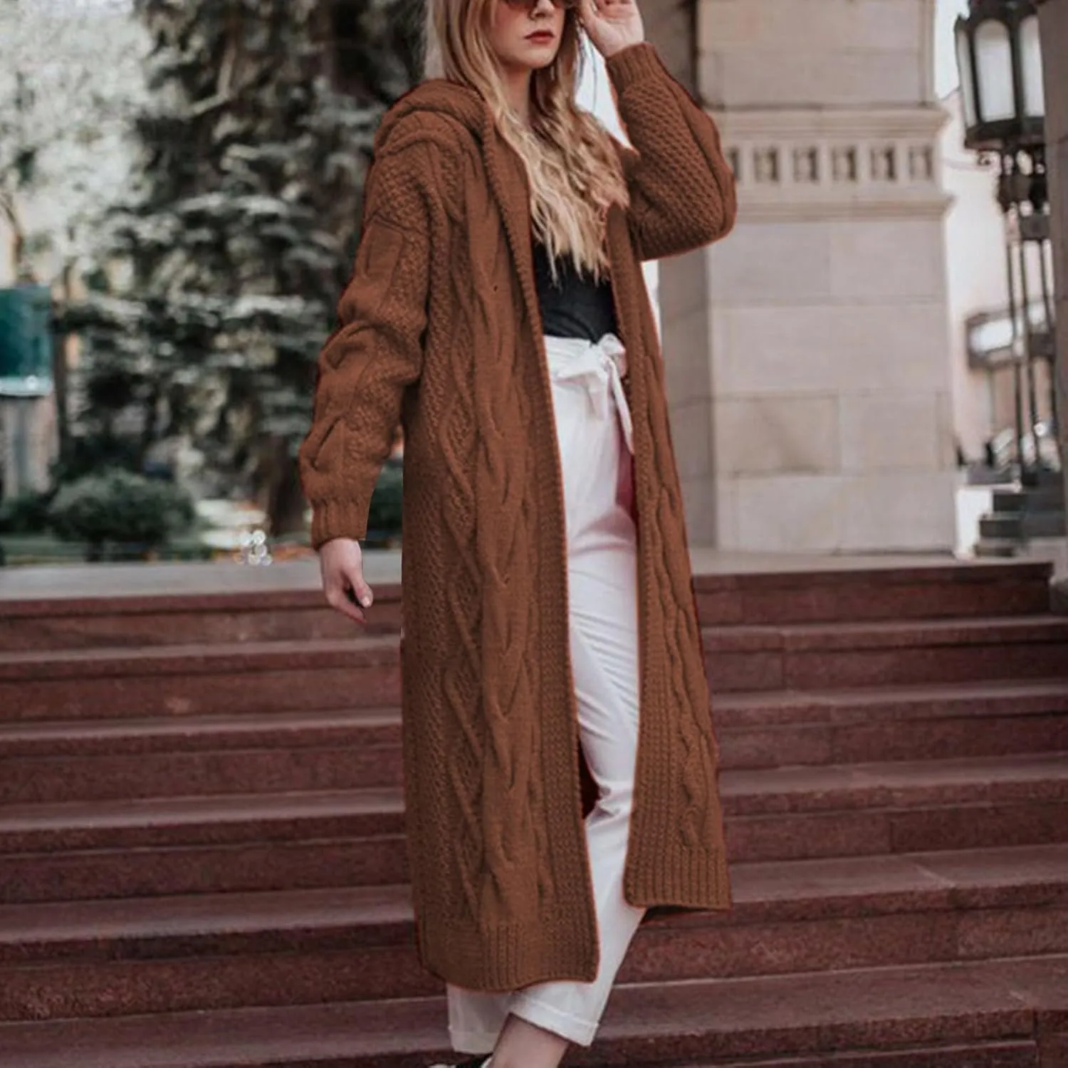 Long Sweaters for Women Cardigan Open Front Long Sleeve Plus Size Chunky Cable Knit Duster Cardigans with Hood