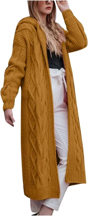 Long Sweaters for Women Cardigan Open Front Long Sleeve Plus Size Chunky Cable Knit Duster Cardigans with Hood