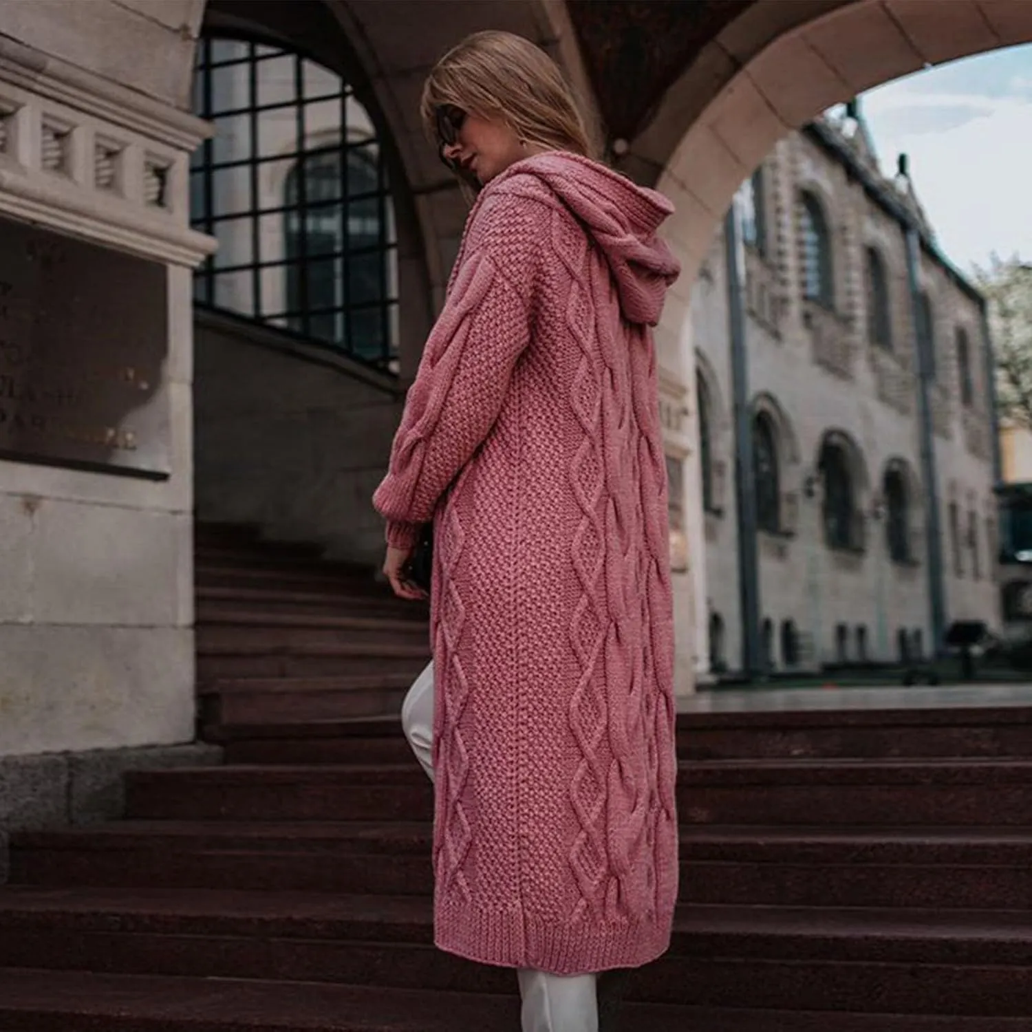 Long Sweaters for Women Cardigan Open Front Long Sleeve Plus Size Chunky Cable Knit Duster Cardigans with Hood