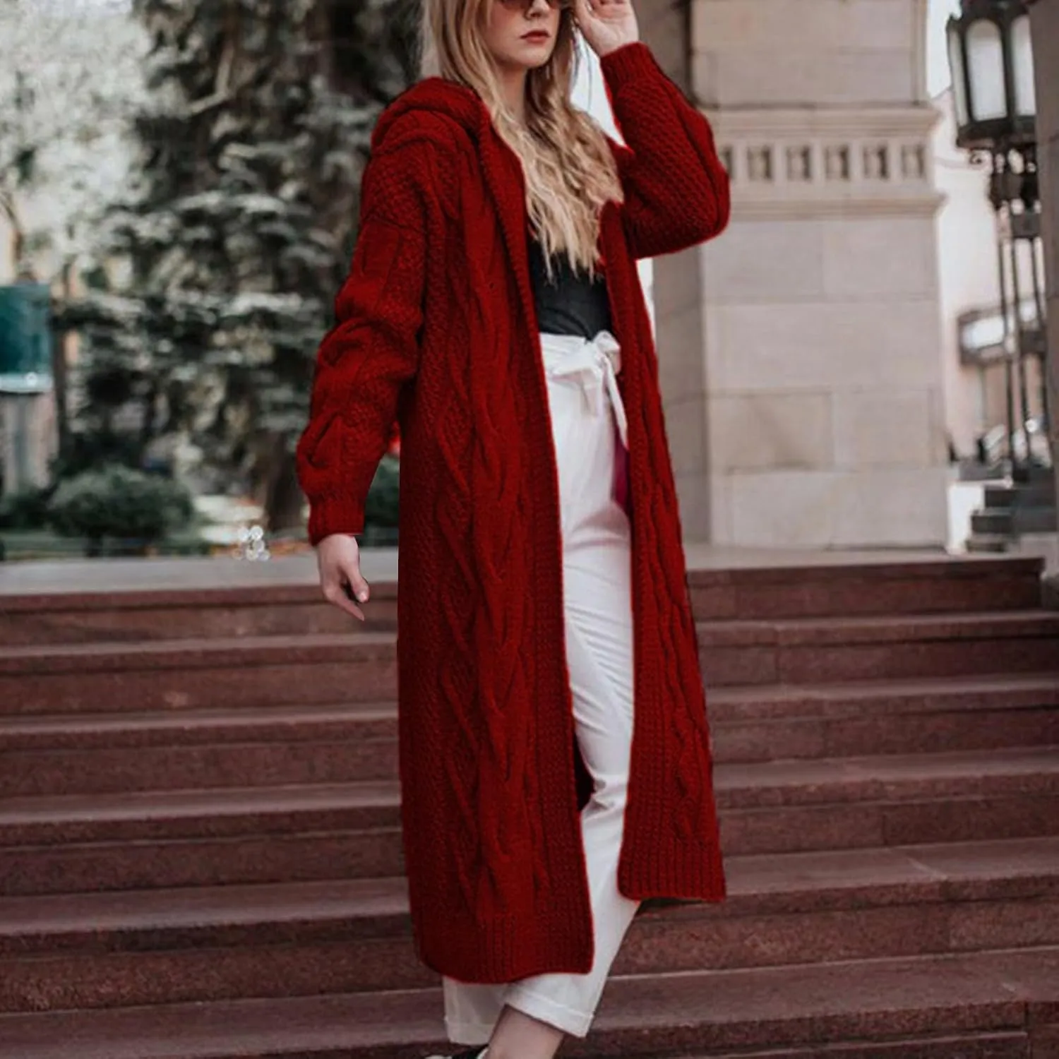 Long Sweaters for Women Cardigan Open Front Long Sleeve Plus Size Chunky Cable Knit Duster Cardigans with Hood