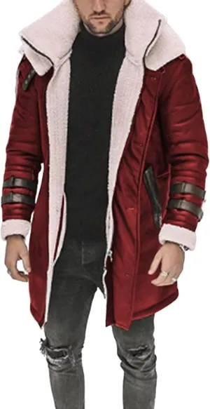 Long Trench Coat for Men Winter Shearling Long Leather Jackets Mens Sherpa Lined Leather Jacket Fur Coats