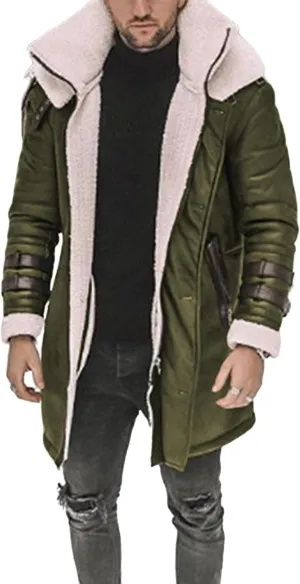 Long Trench Coat Men - Winter Shearling Long Leather Jackets for Men Sherpa Lined Leather Jacket Fur Coats