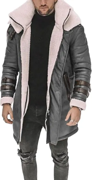 Long Trench Coat Men - Winter Shearling Long Leather Jackets for Men Sherpa Lined Leather Jacket Fur Coats