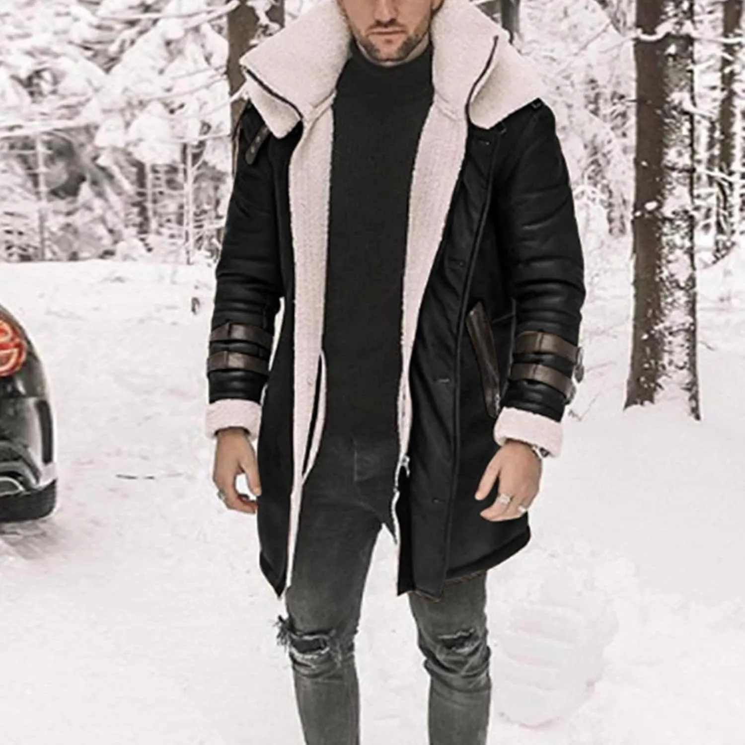 Long Trench Coat Men - Winter Shearling Long Leather Jackets for Men Sherpa Lined Leather Jacket Fur Coats