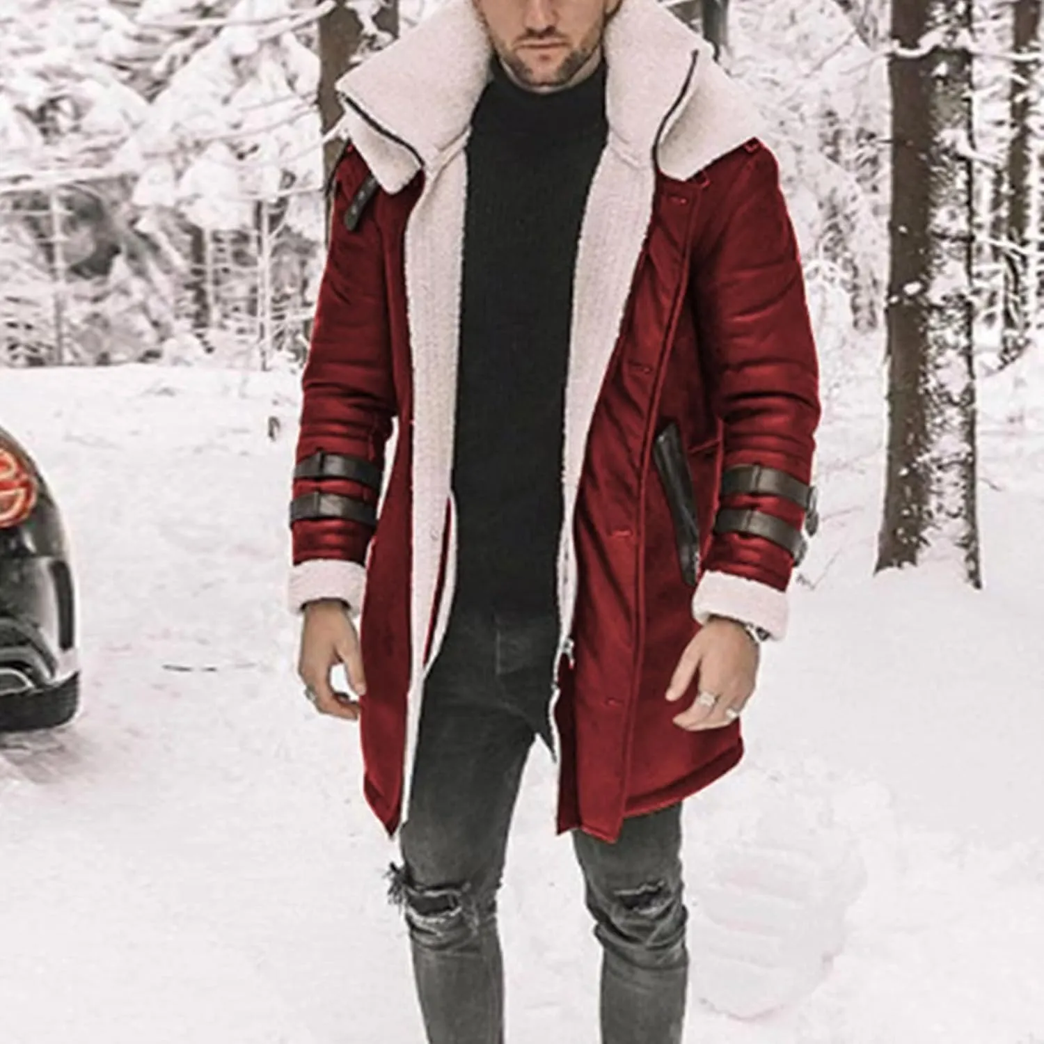 Long Trench Coat Men - Winter Shearling Long Leather Jackets for Men Sherpa Lined Leather Jacket Fur Coats