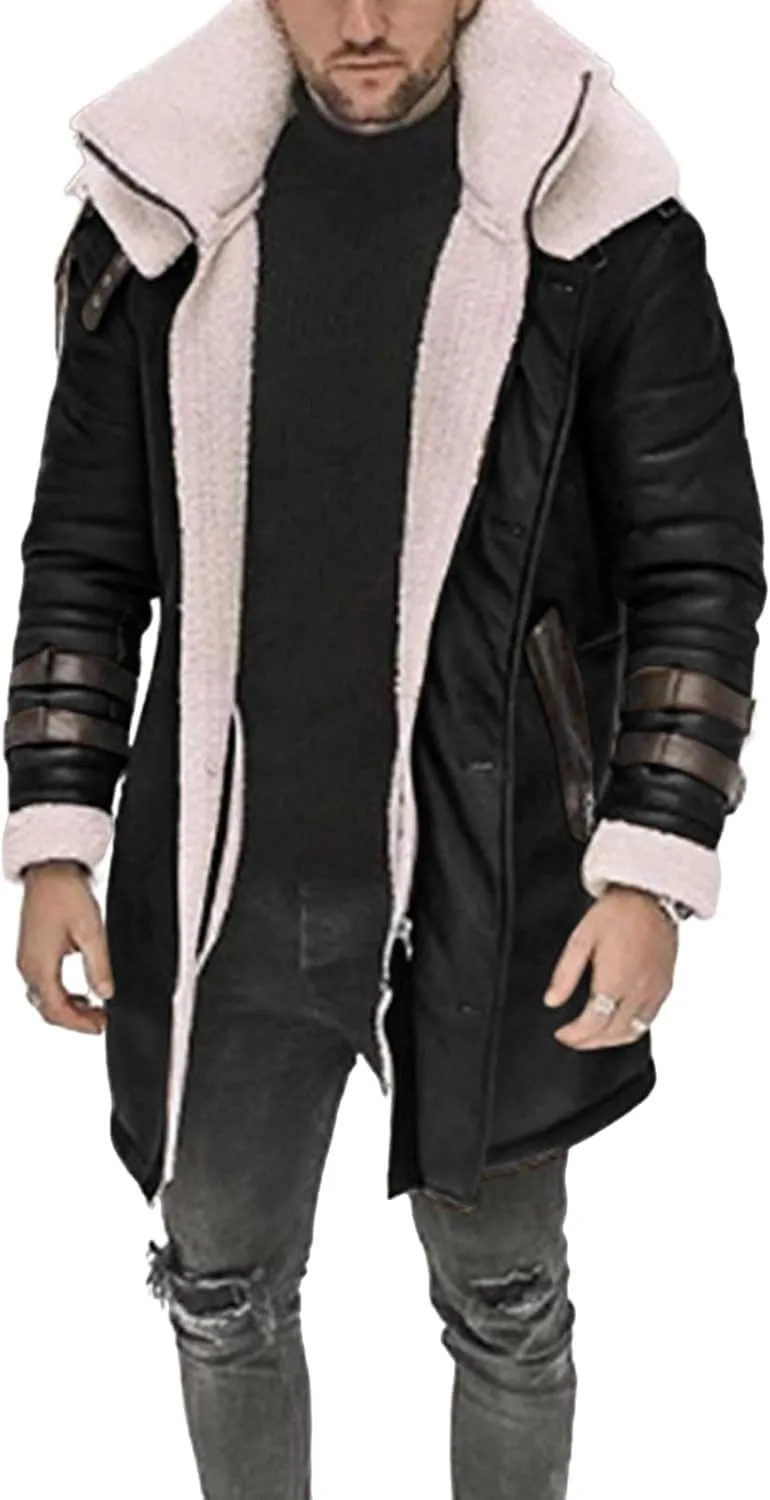 Long Trench Coat Men - Winter Shearling Long Leather Jackets for Men Sherpa Lined Leather Jacket Fur Coats