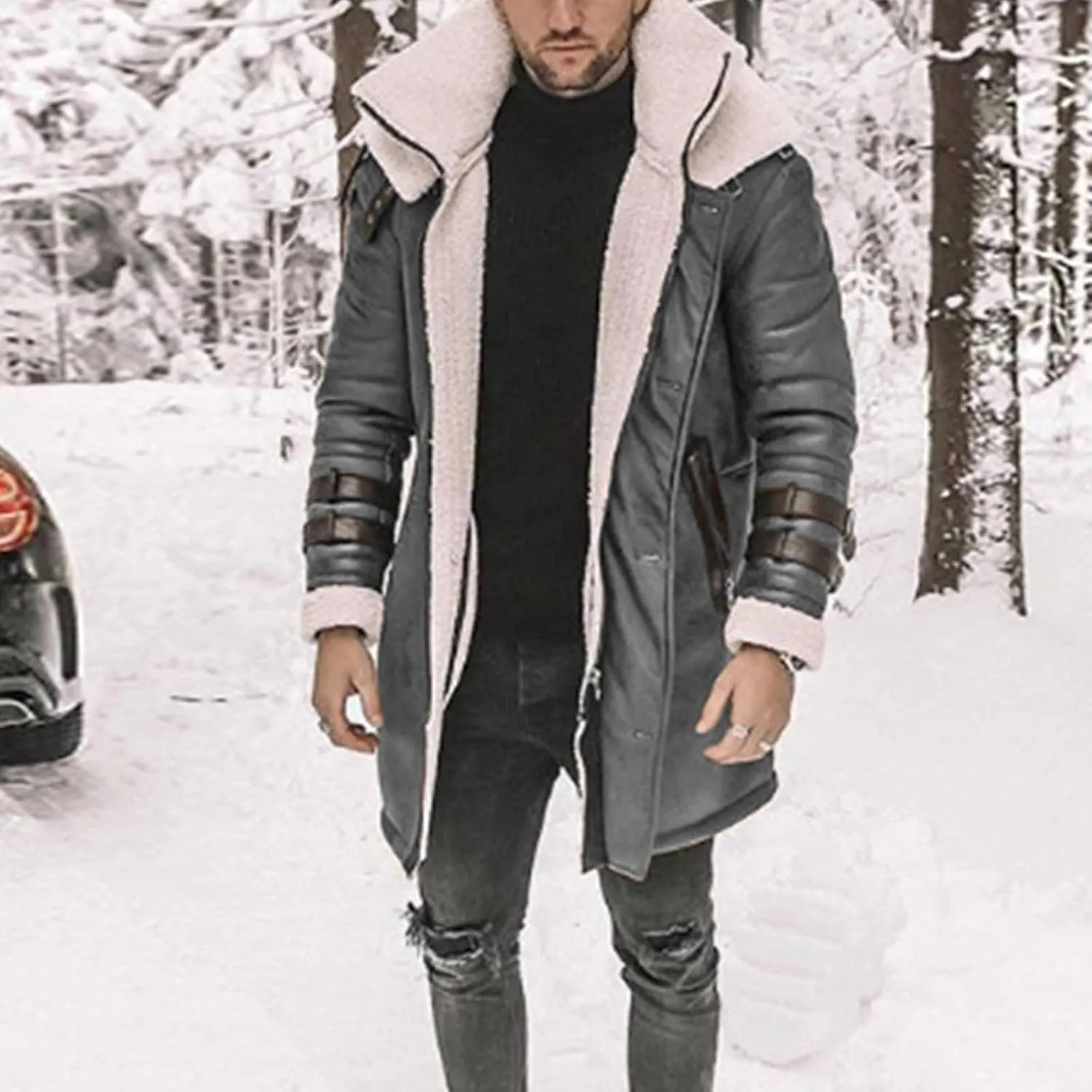 Long Trench Coat Men - Winter Shearling Long Leather Jackets for Men Sherpa Lined Leather Jacket Fur Coats