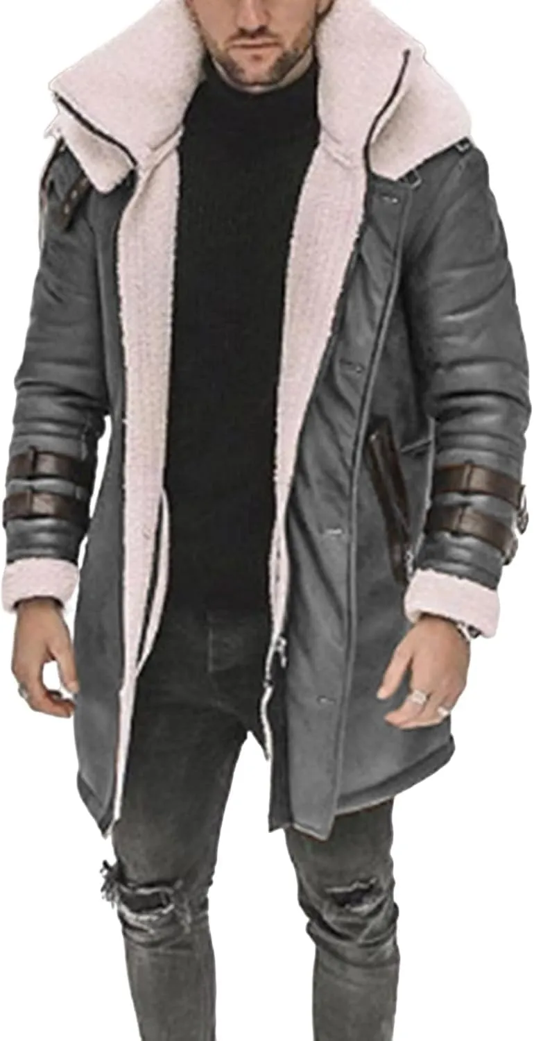 Long Trench Coat Men - Winter Shearling Long Leather Jackets for Men Sherpa Lined Leather Jacket Fur Coats