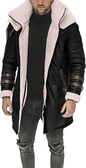 Long Trench Coat Men - Winter Shearling Long Leather Jackets for Men Sherpa Lined Leather Jacket Fur Coats
