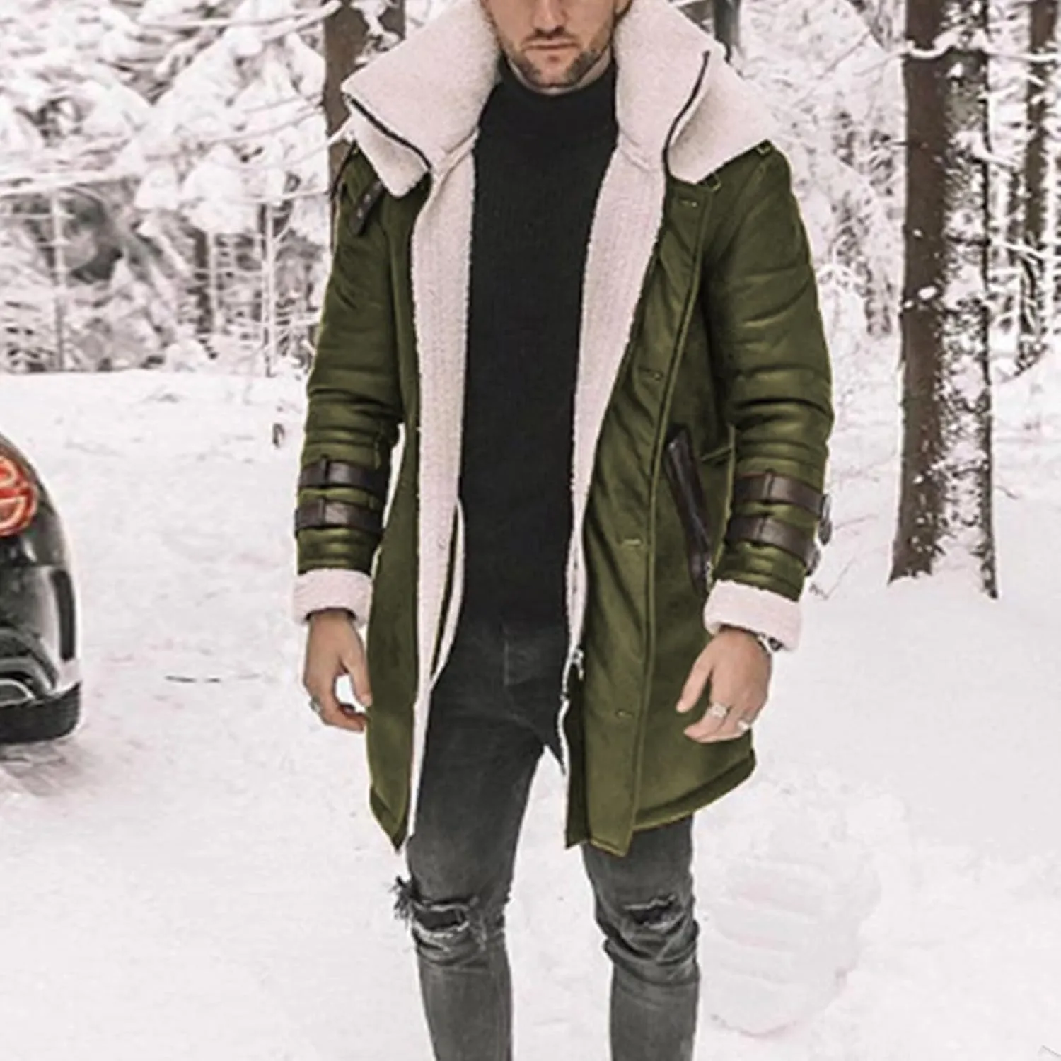 Long Trench Coat Men - Winter Shearling Long Leather Jackets for Men Sherpa Lined Leather Jacket Fur Coats