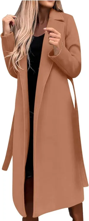Long Wool Coats for Women Trendy Notched Collar Open Front Trench Coat Woolen Blend Warm Fall Winter Jacket Outwear