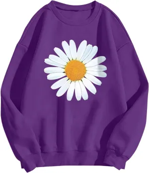 Loose Hoodie for Girls Floral Printed Long Sleeve Crewneck Relaxed Fit Pullover Tops Vintage Streetwear Sweatshirts