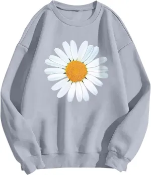 Loose Hoodie for Girls Floral Printed Long Sleeve Crewneck Relaxed Fit Pullover Tops Vintage Streetwear Sweatshirts