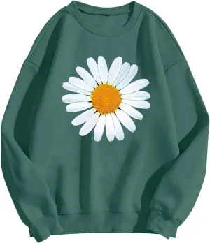 Loose Hoodie for Girls Floral Printed Long Sleeve Crewneck Relaxed Fit Pullover Tops Vintage Streetwear Sweatshirts