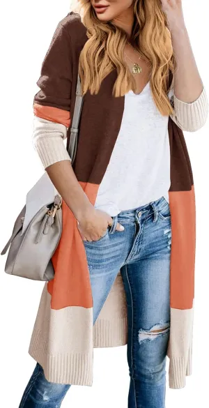 Lovaru Womens Boho Open Front Cardigan Colorblock Long Sleeve Loose Knit Lightweight Sweaters