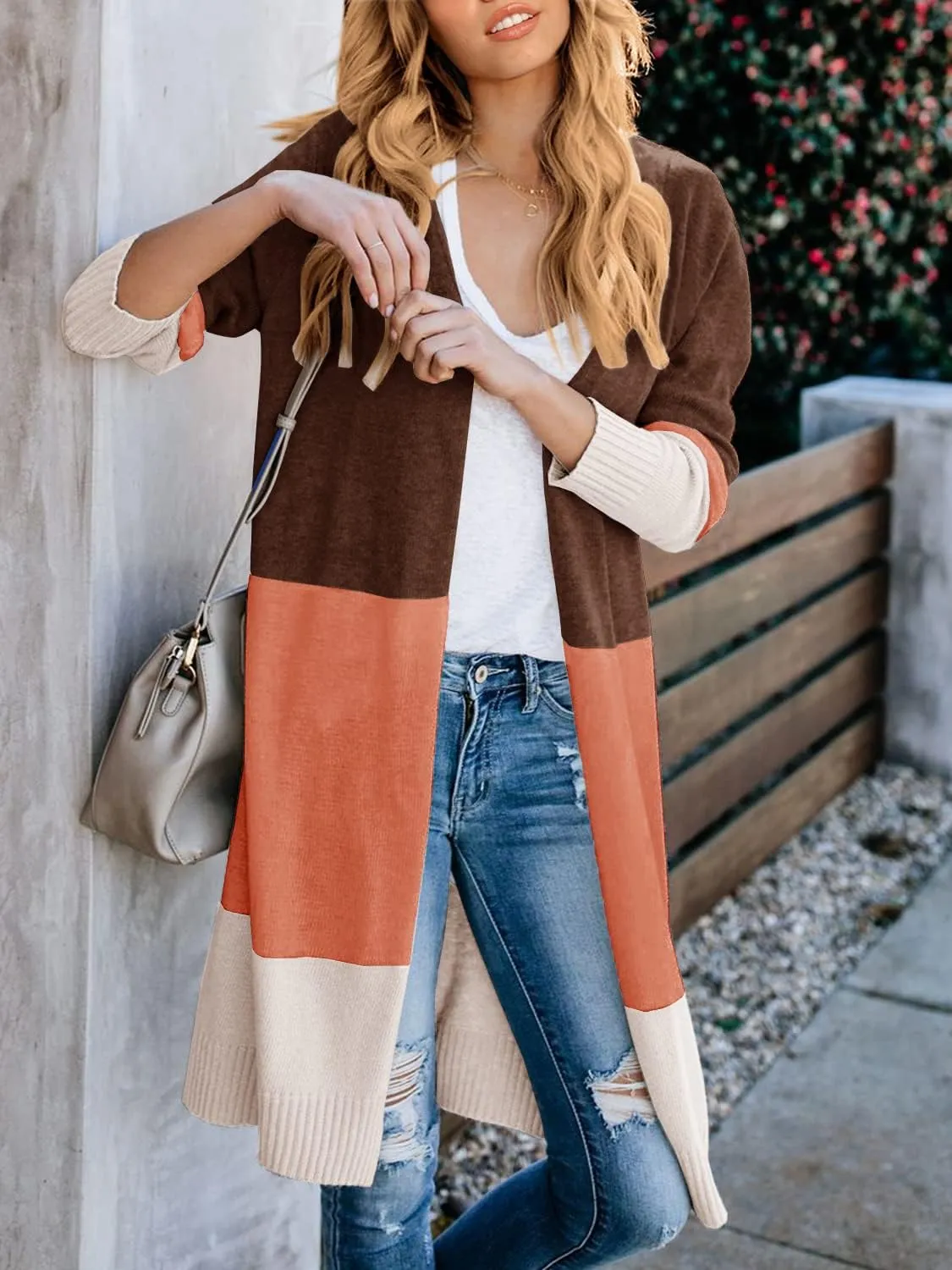 Lovaru Womens Boho Open Front Cardigan Colorblock Long Sleeve Loose Knit Lightweight Sweaters