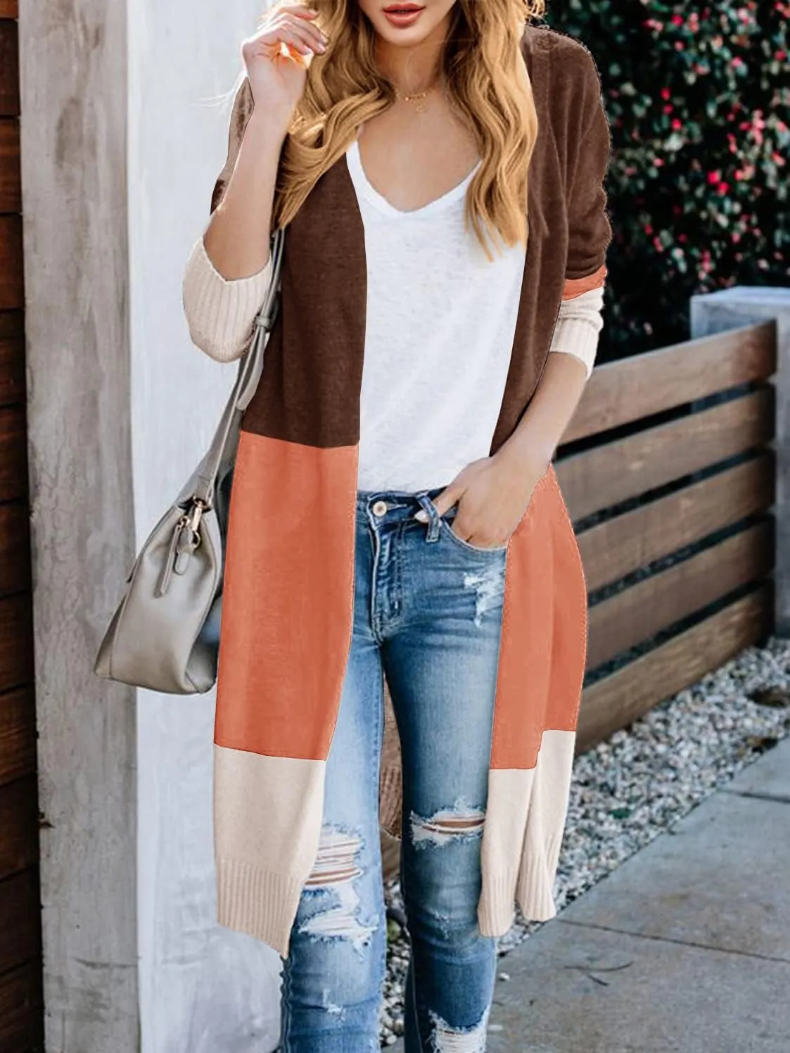 Lovaru Womens Boho Open Front Cardigan Colorblock Long Sleeve Loose Knit Lightweight Sweaters