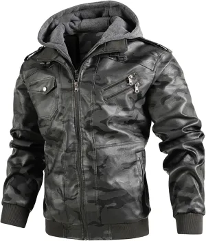 Men Faux Leather Jacket Casual Stand Collar PU Faux Leather Vintage Motorcycle Bomber Jackets Winter Hooded Biker Coat