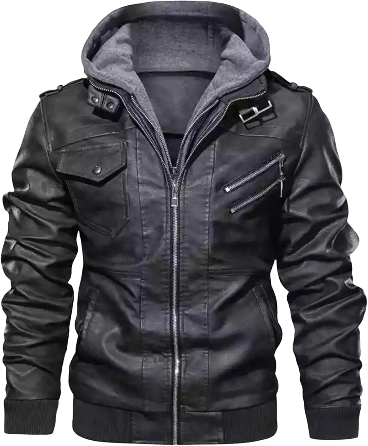 Men Faux Leather Jacket Casual Stand Collar PU Faux Leather Vintage Motorcycle Bomber Jackets Winter Hooded Biker Coat