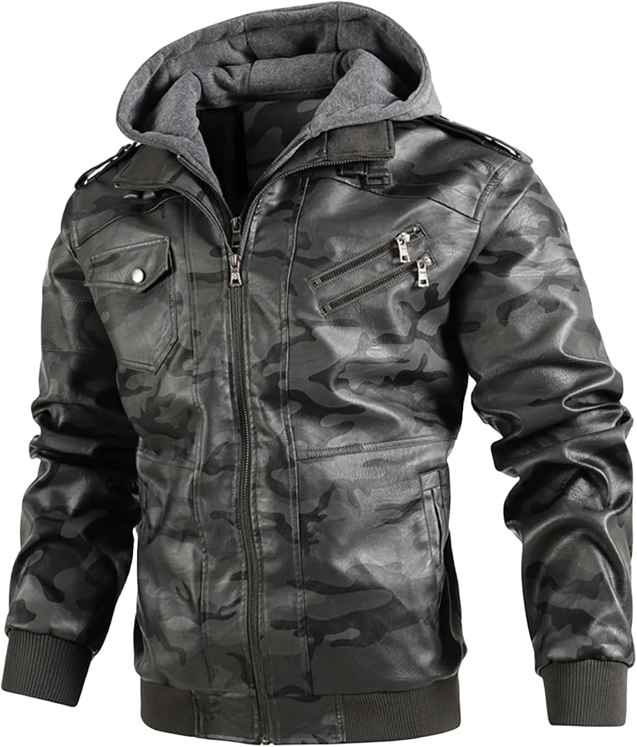 Men Faux Leather Jacket Casual Stand Collar PU Faux Leather Vintage Motorcycle Bomber Jackets Winter Hooded Biker Coat