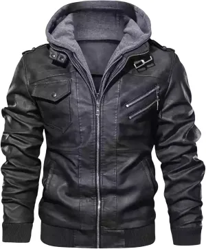 Men Faux Leather Jacket Casual Stand Collar PU Faux Leather Vintage Motorcycle Bomber Jackets Winter Hooded Biker Coat