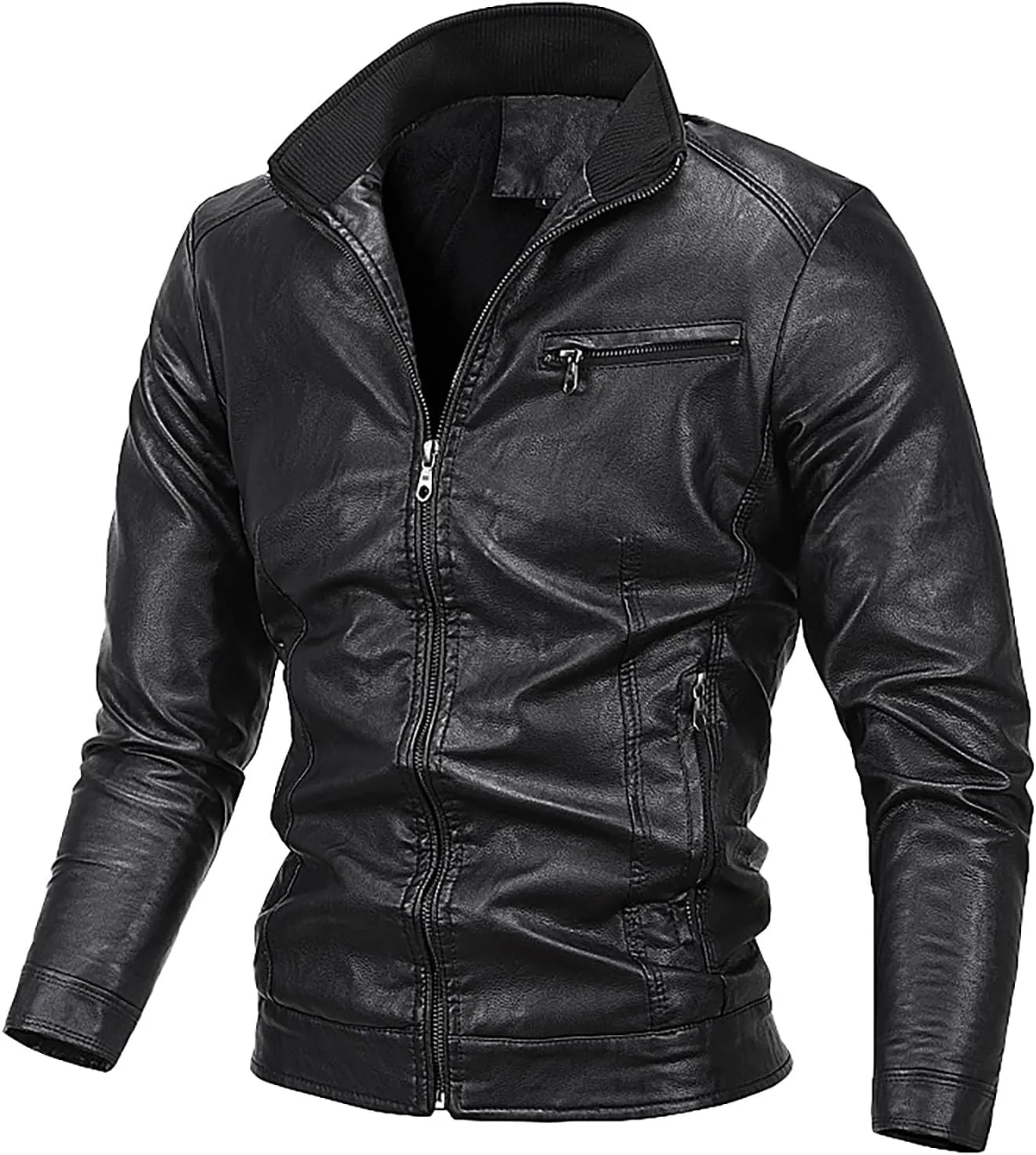 Men Faux Leather Zip Up Jacket Fleece Stand Collar Leather Motorcycle Jacket Multiple Pockets Bomber Outwear PU Coat