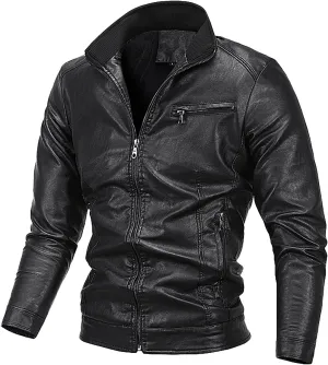 Men Faux Leather Zip Up Jacket Fleece Stand Collar Leather Motorcycle Jacket Multiple Pockets Bomber Outwear PU Coat