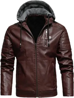Men Hooded Leather Jackets Vintage Slim Fit Motorcycle PU Leather Coats Men Fleece Warm Leather Coats