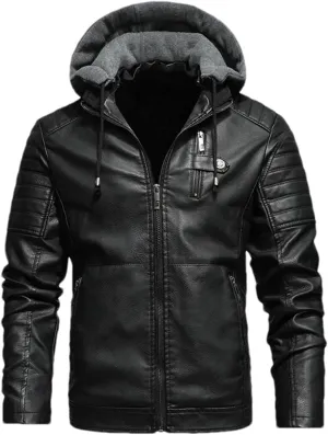 Men Hooded Leather Jackets Vintage Slim Fit Motorcycle PU Leather Coats Men Fleece Warm Leather Coats