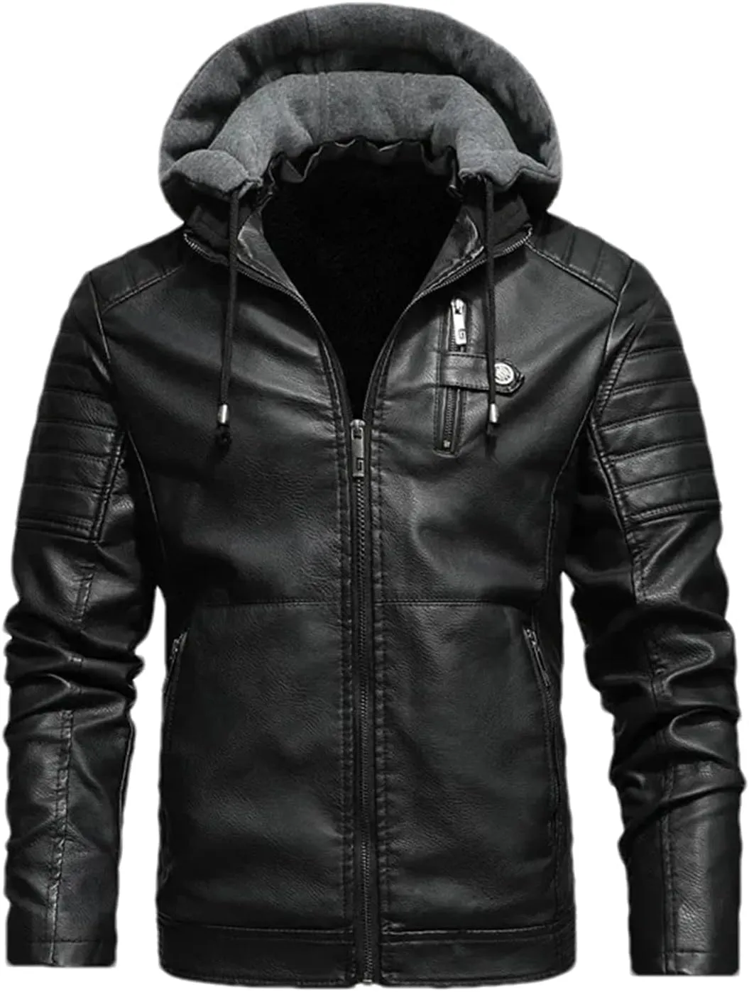 Men Hooded Leather Jackets Vintage Slim Fit Motorcycle PU Leather Coats Men Fleece Warm Leather Coats
