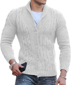 Men V Neck Button-Down Cardigan Casual Shawl Collar Button up Sweaters Cable Knit Ribbed Cardigans Sweater